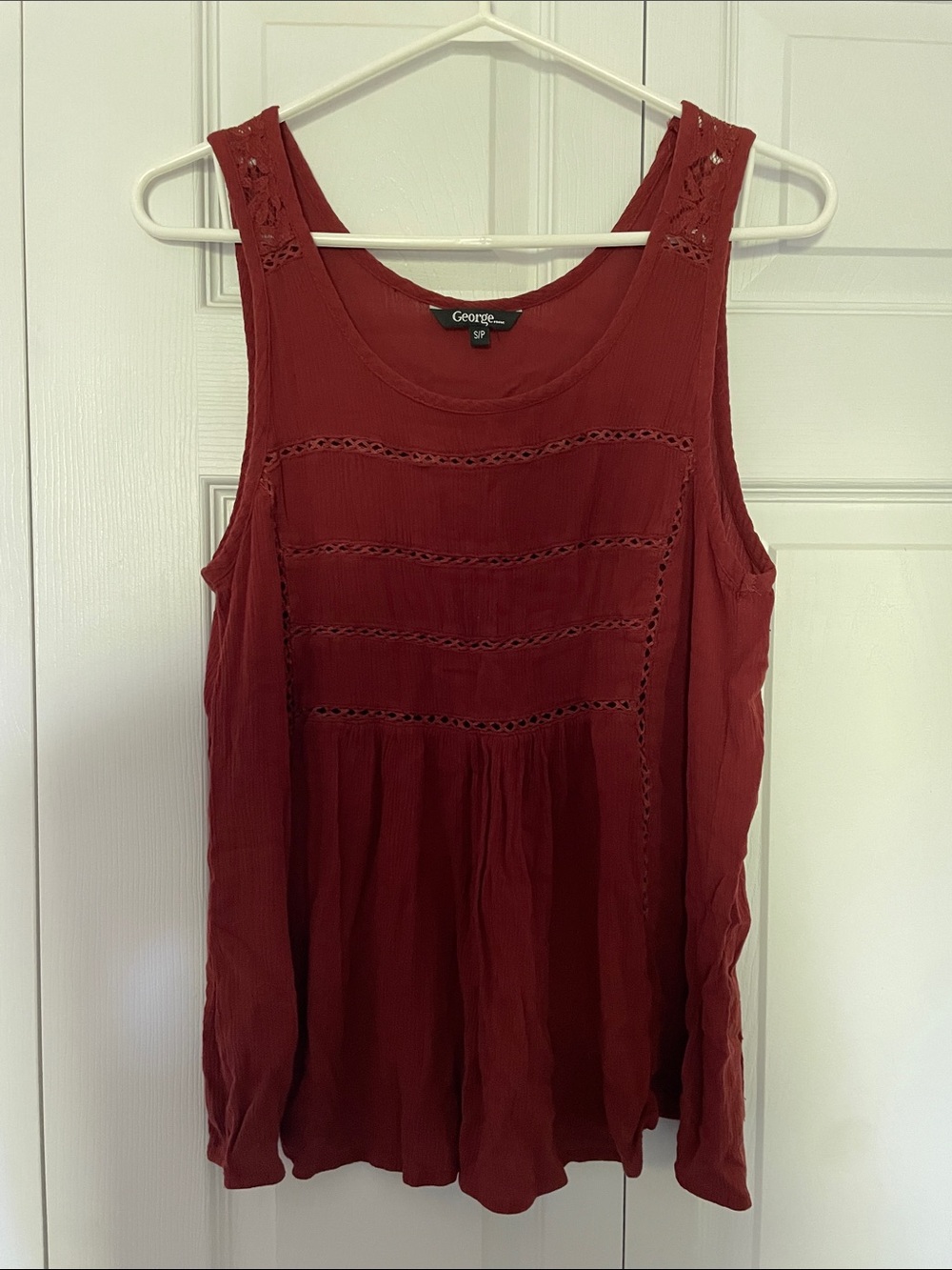 George Womens Brick Red Sleeveless Crochet-Trim Tank